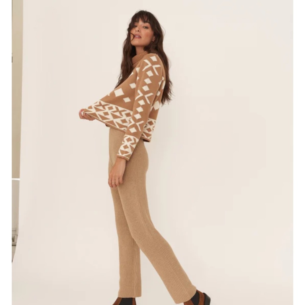 NWOT Callahan brown tan cotton sweater high waisted pants two piece coor…